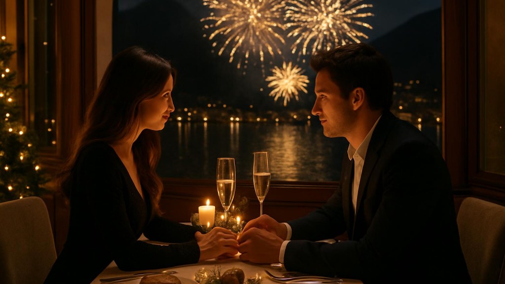 Coppia durante una cena romantica di Capodanno