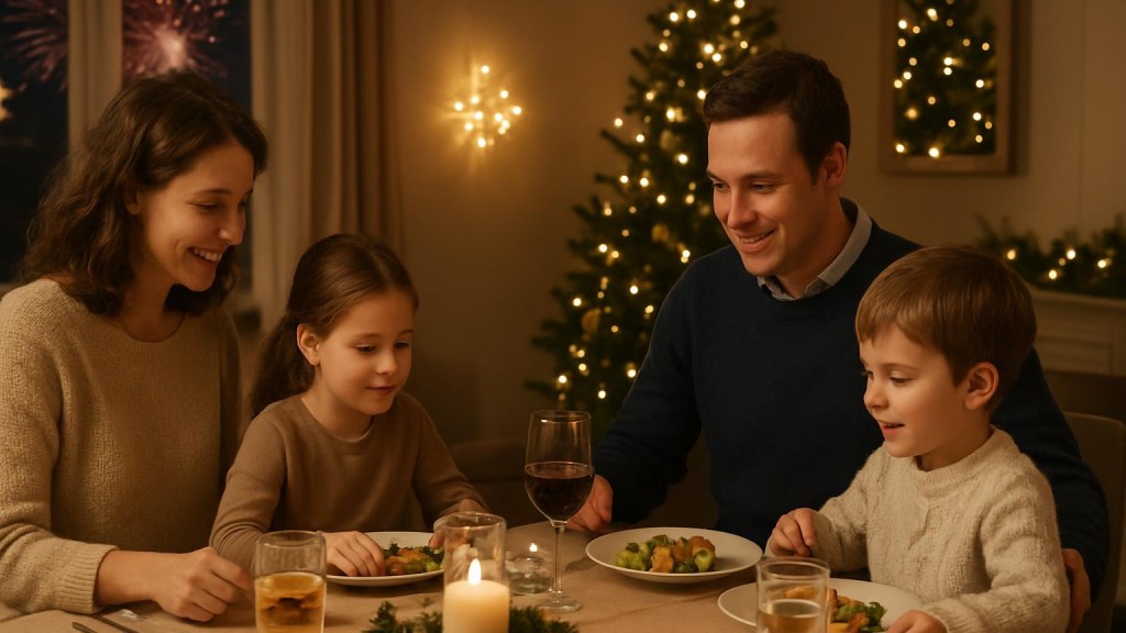 Famiglia con bambini in ambiente accogliente per Capodanno