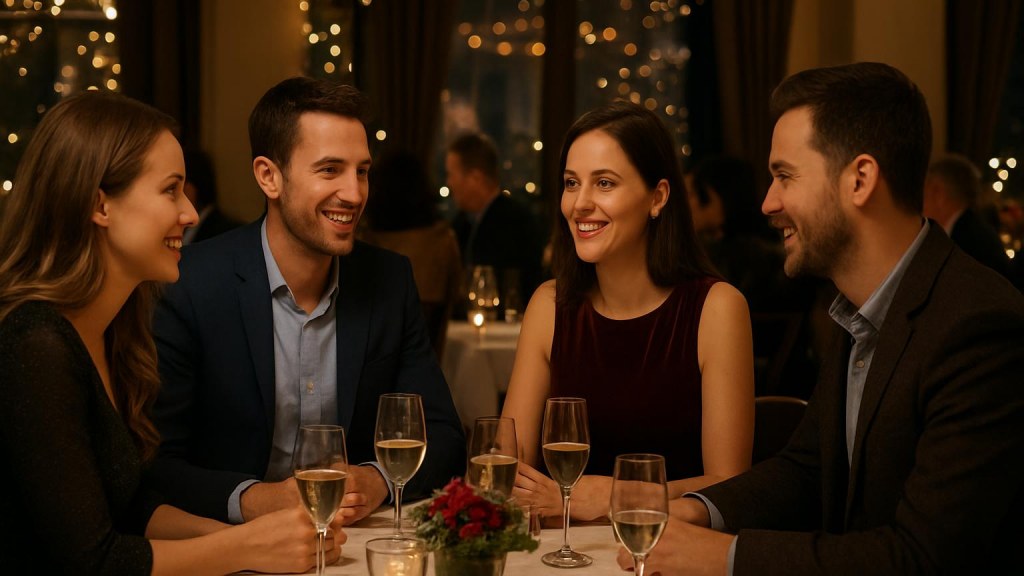 Gruppo di adulti in contesto conviviale per Capodanno